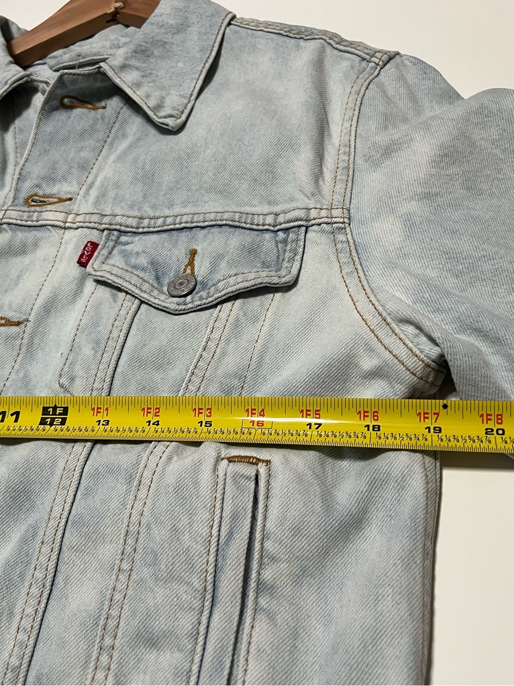 Levi's Light Blue Denim Trucker Jacket with Red Leather Patch - Picture 11 of 14